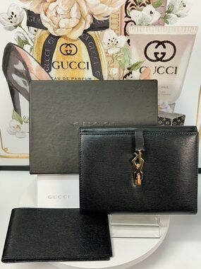 2-Pc GUCCI Jackie Black Leather Bifold Wallet with Checkbook 🖤